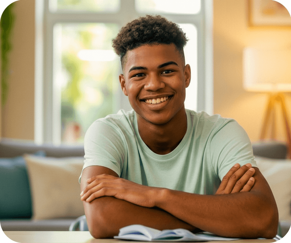 A high school student smiling at a desk with an open book